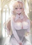  1girl absurdres alternate_costume asyuri atago_(kancolle) bare_shoulders blonde_hair blue_eyes breasts bridal_veil church cleavage closed_mouth commentary_request covered_nipples detached_sleeves dress hair_between_eyes hand_on_own_chest highres indoors kantai_collection large_breasts long_hair looking_at_viewer solo stained_glass veil wedding_dress white_dress white_sleeves 