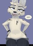  2018 absurd_res anthro arctic_fox arm_tuft bedroom_eyes biped black_nose blue_eyes canid canine claws clock clothed clothing dialogue dirty disney elbow_tuft english_text featureless_chest female flat_chested fox fur half-closed_eyes hands_on_hips head_tuft hi_res inner_ear_fluff looking_at_viewer mammal match mostly_nude mouth_hold narrowed_eyes open_mouth open_smile seductive skye_(zootopia) smile solo speech_bubble text topless tuft watch white_body white_fur wide_hips wristwatch yitexity zootopia 