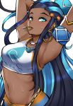  1340smile 1girl absurdres armband armpits arms_up bare_shoulders breasts commentary crop_top dark_skin earrings eyeshadow forehead highres hoop_earrings jewelry looking_at_viewer makeup midriff navel nessa_(pokemon) pokemon pokemon_(game) pokemon_swsh simple_background small_breasts solo sports_bra stomach upper_body white_background 