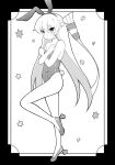  1girl alternate_costume amatsukaze_(kancolle) animal_ears ataru_(ataru-littlebird) crossed_arms embarrassed full_body greyscale hair_tubes high_heels highres kantai_collection leotard looking_at_viewer monochrome playboy_bunny rabbit_ears rabbit_tail rudder_footwear solo standing standing_on_one_leg starry_background strapless strapless_leotard tail two_side_up 