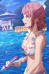  1girl :d beach_umbrella bead_bracelet beads bikini blue_sky bracelet breasts cleavage cloud day frilled_bikini frills from_side green_eyes highres holding holding_water_gun jewelry looking_ahead love_live! love_live!_nijigasaki_high_school_idol_club medium_breasts navel open_mouth outdoors pink_hair pool rainbow shamakho short_hair sky smile solo stomach strap_gap swimsuit table uehara_ayumu umbrella water water_gun 