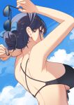  1girl bikini black_bikini blue_eyes blue_hair blue_sky breasts chain_headband cloud day erezu eyewear_removed from_behind front-tie_bikini_top front-tie_top hair_bun highres holding holding_eyewear hololive hololive_english large_breasts looking_at_viewer looking_back ouro_kronii outdoors short_hair sky solo sunglasses swimsuit upper_body virtual_youtuber 