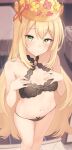  1girl absurdres aura_(aurapls) bare_shoulders black_panties blonde_hair breasts butterfly_hair_ornament celine_(fire_emblem) crown cup fire_emblem fire_emblem_engage flower green_eyes hair_flower hair_ornament hands_on_own_breasts highres indoors long_hair looking_at_viewer navel panties plate small_breasts solo string_panties teacup thighs underwear very_long_hair 