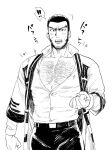  ! !! 1boy ^^^ ainu_clothes bara beard belt black_hair blush bursting_pectorals buzz_cut chest_hair clenched_hands collarbone collared_shirt duruko embarrassed facial_hair flying_button furrowed_brow golden_kamuy large_pectorals long_sideburns looking_at_viewer male_focus mature_male monochrome muscular muscular_male no_headwear open_mouth pants pectoral_cleavage pectorals popped_button popped_collar sanpaku scar scar_on_face shirt shirt_tucked_in short_hair sideburns solo spoken_exclamation_mark stubble tanigaki_genjirou thick_eyebrows undersized_clothes v-shaped_eyebrows very_short_hair 