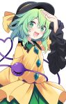  1girl :d black_headwear e.o. eyeball green_eyes green_hair hat heart heart_of_string highres komeiji_koishi looking_at_viewer open_mouth shirt short_hair simple_background smile solo third_eye touhou white_background yellow_shirt 