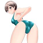  1girl absurdres ass black_hair competition_swimsuit crotch_seam from_behind green_one-piece_swimsuit grey_eyes highres leaning_forward looking_at_viewer looking_back one-piece_swimsuit original parted_lips short_hair solo standing swimsuit takafumi 