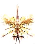  1boy armor floating floating_clothes full_armor full_body garo garo:honoo_no_kokuin garo_(series) gold hair_over_one_eye hand_up highres holding holding_sword holding_weapon leon_luis looking_at_viewer red_hair standing sword toganayu weapon white_background wings 