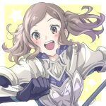  1girl :d armor artist_name blush border brown_eyes brown_hair cynthia_(fire_emblem) fire_emblem fire_emblem_awakening gloves highres looking_at_viewer mojakkoro outside_border polearm smile solo star_(symbol) teeth twintails upper_body upper_teeth_only weapon white_border yellow_background 