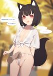  1boy 1girl absurdres animal_ear_fluff animal_ears black_hair blurry blurry_background blush breasts collarbone day depth_of_field disembodied_limb fox_ears fox_girl fox_tail fundoshi groin highres hinata_(user_rjkt4745) japanese_clothes lifted_by_another navel open_mouth original outdoors red_eyes short_sleeves small_breasts solo_focus tail translation_request wavy_mouth wide_sleeves 