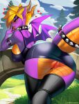  &lt;3 2023 activision anthro anthrofied aomori belly_scales bent_over big_breasts blonde_hair bodily_fluids bottomwear bra breasts butt camel_toe clothed clothing collar crossgender dragon ear_piercing female genital_fluids genitals hair hi_res horn looking_at_viewer looking_back looking_back_at_viewer membrane_(anatomy) membranous_wings mtf_crossgender multicolored_body narrowed_eyes no_underwear outside piercing presenting presenting_hindquarters purple_body purple_scales pussy pussy_juice scales scalie seductive skimpy skirt sky small_wings solo spiked_collar spiked_tailband spikes spyro spyro_the_dragon tail two_tone_body two_tone_tail underwear upskirt wings yellow_body yellow_scales 