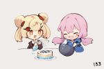  2girls arknights blonde_hair blue_jacket blue_poison_(arknights) blush brown_jacket cake candy_hair_ornament chibi closed_eyes collared_shirt commentary cooking cropped_torso dailybloopy double_bun floating_hair food food-themed_hair_ornament grey_background gummy_(arknights) hair_between_eyes hair_bun hair_ornament hairclip hood hooded_jacket jacket long_hair long_sleeves low_twintails mixing_bowl multiple_girls open_mouth orange_eyes pink_hair shirt short_hair simple_background smile twintails upper_body white_shirt 