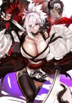  2girls bare_shoulders black_thighhighs blue_eyes blush breasts cleavage detached_collar detached_sleeves fate/grand_order fate/samurai_remnant fate_(series) grey_hair grin headpiece highres japanese_clothes jeanne_d&#039;arc_alter_(avenger)_(fate) jeanne_d&#039;arc_alter_(fate) jikihatiman katana kimono large_breasts long_hair looking_at_viewer magatama miyamoto_musashi_(fate) multiple_girls pink_hair ponytail rope_belt sash short_hair short_kimono sleeveless sleeveless_kimono smile swept_bangs sword thighhighs thighs weapon white_kimono yellow_eyes 
