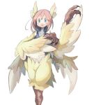  1girl 4138 absurdres blue_eyes blush claws commentary_request digitigrade feather_hair feathered_wings feathers harpy head_wings highres monster_girl open_mouth original pink_hair short_hair simple_background solo surprised tank_top white_background winged_arms wings yellow_feathers 