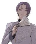  1boy blue_lock chinese_clothes earrings hand_fan hand_up highres holding holding_fan jewelry long_sleeves looking_at_viewer male_focus mikage_reo purple_eyes purple_hair purple_shirt shirt short_hair simple_background single_earring sketch smile solo toriuchi7110 upper_body white_background 