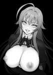  1girl ahoge bow bowtie brassica breasts cleavage collared_shirt greyscale high_school_dxd highres huge_ahoge jacket kuoh_academy_school_uniform large_breasts long_hair monochrome nipples open_mouth rias_gremory school_uniform shirt solo upper_body 