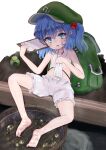  1girl absurdres backpack bag bananannu barefoot bloomers blue_eyes blue_hair blush collarbone flat_cap green_headwear hair_between_eyes hair_bobbles hair_ornament hat highres ice kawashiro_nitori medium_hair open_mouth sitting soaking_feet solo touhou towel underwear water white_bloomers 