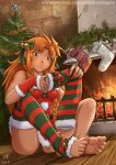  1girl 2018 bare_legs barefoot bell belt bow braid braided_bangs brick_wall christmas christmas_stocking christmas_tree feet fireplace foot_focus freckles gloves green_bow green_socks hair_bow holding jingle_bell les_chevaucheurs light_frown long_hair maxa&#039; messy_hair orange_hair patreon_username phenice_walholl red_bow red_socks santa_costume santa_gloves socks soles solo striped striped_socks tinsel toes tree wooden_floor wreath yellow_eyes 