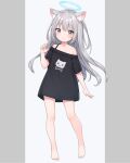  1girl animal_ear_fluff animal_ears animal_print bare_legs bare_shoulders barefoot black_shirt blue_halo brown_eyes cat_ears cat_girl cat_print flat_chest grey_background grey_hair highres long_hair looking_at_viewer luckyeldayo naked_shirt no_pants off-shoulder_shirt off_shoulder original shirt short_sleeves simple_background two-tone_background white_background 
