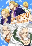  beard blonde_hair blue_sky english_text facial_hair glasses highres male_focus musasabiop oda_eiichirou_(style) old old_man one_piece silvers_rayleigh sky smile 