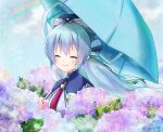  1girl ^_^ blue_flower blue_hair blue_headwear blue_ribbon blue_theme blue_umbrella blush character_name closed_eyes closed_mouth commentary_request commission day eyelashes eyes_visible_through_hair facing_viewer flower garden hair_between_eyes hair_ribbon holding holding_umbrella hoshino_yumemi leaf long_hair low_twintails micchi_(koto_maple) necktie outdoors planetarian purple_flower rainbow red_necktie ribbon robot_ears skeb_commission smile solo twintails umbrella upper_body variant_set 