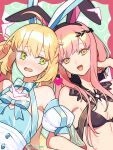  2girls ahoge animal_ears artoria_caster_(fate) artoria_caster_(swimsuit)_(fate) artoria_pendragon_(fate) bikini black_bikini blonde_hair blue_dress blush breasts bunny_day cleavage cnoc_na_riabh_(fate) commentary_request detached_sleeves dress fake_animal_ears fate/grand_order fate_(series) green_eyes hair_between_eyes heart locked_arms long_hair looking_at_viewer medb_(fate) multiple_girls official_alternate_costume pink_hair puteru small_breasts smile swimsuit twintails twitter_username yellow_eyes 
