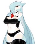  anthro armwear blue_hair bra clothed clothing female gardevoir generation_3_pokemon hair hi_res legwear looking_at_viewer nintendo panties pokemon pokemon_(species) red_eyes rubber rubber_clothing shiny_pokemon simple_background solo underwear usa37107692 white_body 