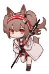  1girl angelina_(arknights) animal_ear_fluff animal_ears arknights black_shirt black_socks brown_hair chibi closed_mouth coat collar fox_ears fox_girl fox_tail full_body grey_coat hairband holding holding_staff infection_monitor_(arknights) kneehighs leg_up long_sleeves looking_at_viewer lxjun_09 open_clothes open_coat red_eyes red_hairband running shirt short_hair short_twintails simple_background socks solo staff tail twintails white_background 