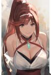  1girl bare_shoulders breasts chest_jewel cleavage core_crystal_(xenoblade) criss-cross_halter detached_sleeves glimmer_(xenoblade) halterneck high_ponytail highres j@ck japanese_clothes kimono large_breasts long_hair looking_at_viewer ponytail red_hair solo swept_bangs white_kimono wide_sleeves xenoblade_chronicles_(series) xenoblade_chronicles_3 xenoblade_chronicles_3:_future_redeemed 