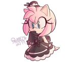  1girl 2019 alternate_costume amy_rose black_dress black_gloves black_headwear dress eyelashes furry furry_female gloves gothic green_eyes quark196 signature simple_background solo tail white_background 