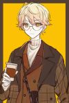  1boy absurdres bag bespectacled border brown_bag brown_border brown_coat brown_jacket buttons closed_mouth coat colored_eyelashes commentary cup disposable_cup double-breasted double-parted_bangs english_commentary glasses highres holding holding_cup jacket kaminari_s lapels layered_clothes light_brown_hair long_sleeves male_focus notched_lapels open_clothes open_coat outside_border plaid_coat project_sekai round_eyewear short_hair shoulder_bag simple_background solo straight-on sweater tenma_tsukasa turtleneck turtleneck_sweater two-tone_coat unbuttoned upper_body white_sweater yellow_background yellow_eyes zozotown 