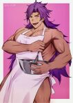  1boy :d absurdres apron bara bhima_(fate) bowl cooking dark-skinned_male dark_skin fate/grand_order fate_(series) feet_out_of_frame food food_on_face food_on_pectorals highres large_pectorals long_hair male_focus muscular muscular_male pectorals pink_apron pink_background purple_eyes purple_hair simple_background smile solo standing thighs tsurekun v-shaped_eyebrows very_long_hair whisk 