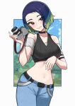  1girl absurdres bare_shoulders black_choker black_shirt blue_hair bob_cut breasts brown_eyes camera choker collarbone crop_top denim grey_shirt highres holding holding_camera jeans loose_hair_strand medium_breasts midriff nassss navel pants perrin_(pokemon) pokemon pokemon_(game) pokemon_sv ribbed_shirt shirt sleeveless sleeveless_shirt solo undershirt v-neck 