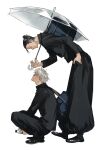  2boys bag baggy_pants black_eyes black_footwear black_hair black_jacket black_pants bottle closed_mouth ear_piercing full_body getou_suguru gojou_satoru hair_bun hair_pulled_back hand_in_pocket highres holding holding_bottle holding_umbrella jacket jujutsu_kaisen jujutsu_tech_uniform long_sleeves male_focus multiple_boys pants piercing profile round_eyewear school_bag school_uniform shoes short_hair simple_background smile squatting srnghotcake standing sunglasses umbrella white_background white_hair 