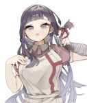  1girl :o apron bandaged_arm bandages breasts collared_shirt danganronpa_(series) danganronpa_2:_goodbye_despair grey_background hands_up highres holding holding_scissors large_breasts long_hair looking_at_viewer mole mole_under_eye open_mouth pink_shirt puffy_short_sleeves puffy_sleeves scissors shirt short_sleeves simple_background solo tanone2525 teeth tsumiki_mikan upper_body upper_teeth_only white_shirt 