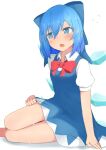  1girl arm_support bare_legs barefoot blue_bow blue_dress blue_eyes blue_hair blush bow bowtie breasts cirno commentary_request dress fang foot_out_of_frame hair_between_eyes hair_bow ice ice_wings looking_to_the_side mizune_(winter) open_mouth puffy_short_sleeves puffy_sleeves red_bow red_bowtie short_sleeves simple_background sitting small_breasts solo touhou white_background wing_collar wings yokozuwari 