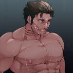  1boy :q abs bara beard_stubble dagon_(housamo) dark-skinned_male dark_skin fins fish_boy grey_hair large_pectorals licking_lips long_sideburns looking_at_viewer male_focus mature_male muscular muscular_male mustache_stubble nipples noramoso nude pectorals seductive_smile short_hair sideburns slit_pupils smile solo suggestive_fluid thick_eyebrows tokyo_afterschool_summoners tongue tongue_out upper_body v-shaped_eyebrows wet 