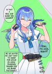  1boy belt blue_bow blue_bowtie blue_hair bow bowtie closed_eyes commentary cosplay crossdressing english_commentary english_text grin highres holding holding_sword holding_weapon hololive hoshimachi_suisei hoshimachi_suisei_(cosplay) hoshimachi_suisei_(school_uniform) jaheterbang kamen_rider kamen_rider_saber_(series) long_hair name_connection object_namesake otoko_no_ko pleated_skirt pov puffy_short_sleeves puffy_sleeves sailor_collar shirt short_sleeves skirt smile solo sword tokusatsu virtual_youtuber weapon weapon_across_shoulders white_sailor_collar white_shirt white_skirt 
