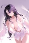  1girl absurdres ahoge bare_shoulders bow bow_bra bra breasts cleavage clothes_pull collarbone hair_between_eyes hair_ornament highres kooemong large_breasts long_hair looking_at_viewer original parted_lips purple_hair red_eyes shirt shirt_pull solo sweat underwear white_bra white_shirt 