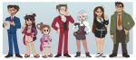  3boys 4girls absurdres ace_attorney ascot bandaid bandaid_on_face black_gloves blue_suit brown_footwear brown_hair brown_pants coat dick_gumshoe earrings franziska_von_karma full_body geta gloves green_coat hair_rings hanten_(clothes) highres jacket japanese_clothes jewelry kimono long_hair long_sleeves magatama maya_fey mia_fey miles_edgeworth mole mole_under_mouth multiple_boys multiple_girls necklace necktie obi official_style pants pantyhose paula_peroff pearl_fey pencil_behind_ear phoenix_wright pink_kimono red_jacket red_necktie red_pants red_sash sash scarf short_hair short_kimono sidelocks skirt skirt_suit spiked_hair standing suit the_ghost_and_molly_mcgee toon_(style) whip white_footwear white_hair yellow_scarf 