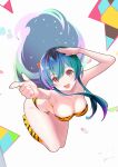  1girl :d absurdres animal_print arms_up bikini blue_hair breasts cleavage fang highres horns itou_kazuki large_breasts long_hair lum oni oni_horns open_mouth orange_eyes outstretched_arm print_bikini print_footwear skin_fang smile solo strapless strapless_bikini swimsuit tiger_print urusei_yatsura yellow_bikini 