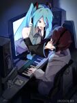 1boy 1girl absurdres aqua_eyes aqua_hair aqua_nails aqua_necktie bare_shoulders black_sleeves brown_hair chair collarbone commentary computer dated detached_sleeves figure from_behind grey_hoodie grey_shirt hair_ornament hands_on_another&#039;s_face hatsune_miku headphones headset highres hood hoodie indoors instrument instrument_case keyboard_(instrument) long_hair looking_at_another master_(vocaloid) miku_day mikuni144 monitor nail_polish necktie notepad shirt sleeveless sleeveless_shirt smile speaker through_screen twintails upper_body very_long_hair vocaloid 