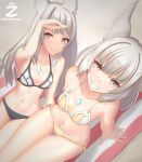  2girls absurdres animal_ears artist_logo artist_name beach beach_towel bikini blunt_bangs breasts cat_ears chest_jewel core_crystal_(xenoblade) facial_mark from_above grey_hair highres long_hair looking_at_viewer mio_(xenoblade) mother_and_daughter multiple_girls nia_(xenoblade) side-tie_bikini_bottom sitting small_breasts smile swimsuit teeth thigh_gap towel twitter_username xenoblade_chronicles_(series) xenoblade_chronicles_2 xenoblade_chronicles_3 yellow_bikini yellow_eyes zambonito 