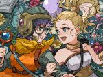  2girls :d bad_hand bare_shoulders blonde_hair blue_eyes book chrono_trigger crown crown_removed eye_contact flower glasses headset helmet highres jewelry long_hair looking_at_another lucca_ashtear marle_(chrono_trigger) multiple_girls necklace pendant pink_ribbon ponytail purple_hair ribbon smile uzutanco 