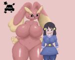  akari_(pokemon) anthro big_breasts black_eyes black_hair black_pupils black_sclera breasts brown_body clothing duo featureless_breasts featureless_crotch female generation_4_pokemon gothicc hair huge_breasts human larger_anthro larger_female lopunny mammal nintendo nude pink_eyes pokemon pokemon_(species) pupils size_difference smaller_female smaller_human smile thick_thighs uniform white_body white_skin 