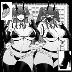  ;o abs absurdres bikini blush breasts bridal_gauntlets covered_mouth demon_girl hands_up high_heels highres horns large_breasts long_hair looking_at_viewer mask monochrome mouth_mask one_eye_closed open_mouth original pointy_ears swimsuit thighhighs thighs tongue tongue_out underboob yones81239278 