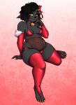  absurd_res anthro belly bovid caprine chubby_female claws clothing collar_with_bell digit_ring fangs felid feline female festive goat hi_res hybrid jewelry junefallstar lingerie mammal pose ring solo teeth thick_thighs toe_claws toe_ring 