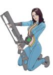  1girl absurdres black_hair blue_bodysuit bodysuit breasts cleavage fallout_(series) fallout_4 futoshi_slim green_hair grey_footwear highres kneeling looking_at_viewer medium_hair navel open_clothes pip_boy simple_background solo white_background 