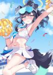  1girl animal_ears armpits arms_up bare_shoulders black_hair blue_archive blush breasts cheerleader confetti crop_top dog_ears dog_girl dog_tail eyewear_on_head halo hibiki_(blue_archive) hibiki_(cheerleader)_(blue_archive) highres holding holding_pom_poms long_hair looking_at_viewer mashimyu midriff navel official_alternate_costume pom_pom_(cheerleading) shoes skirt sneakers solo standing standing_on_one_leg star_sticker sticker_on_face tail yellow_halo 
