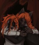  anon2000000 anthro bite black_hair black_nose bodily_fluids brown_body brown_fur canid canine canis clothed clothing coat crying digital_media_(artwork) digital_painting_(artwork) duo duo_focus embrace eyes_closed female fingers forced fur group hair hi_res hug human male male/female mammal orange_hair scared shirt tears topwear white_body white_clothing white_shirt white_skin white_topwear wolf 