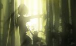  1girl cat commentary curtains day english_commentary highres indoors light_particles light_rays original plant short_hair signature silhouette skyrick9413 solo sunlight window 